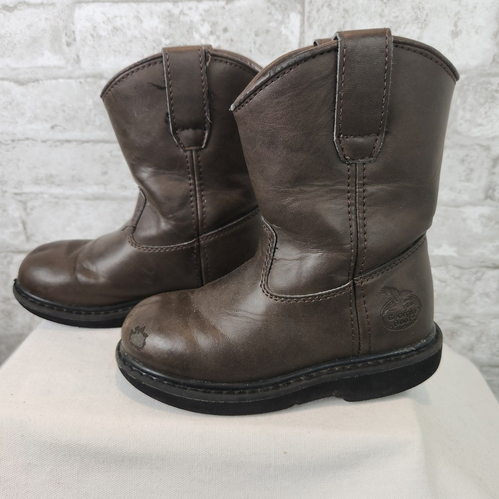 Georgia Boot Wellington Brown Leather Pull On Work Boots Kids Size 10.5M